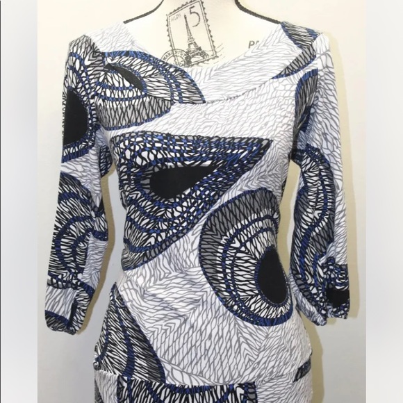 BCBG Max Azria Women Shirt Dress Long Sleeve Graphic Print White Blue Fitted XS - Picture 4 of 12